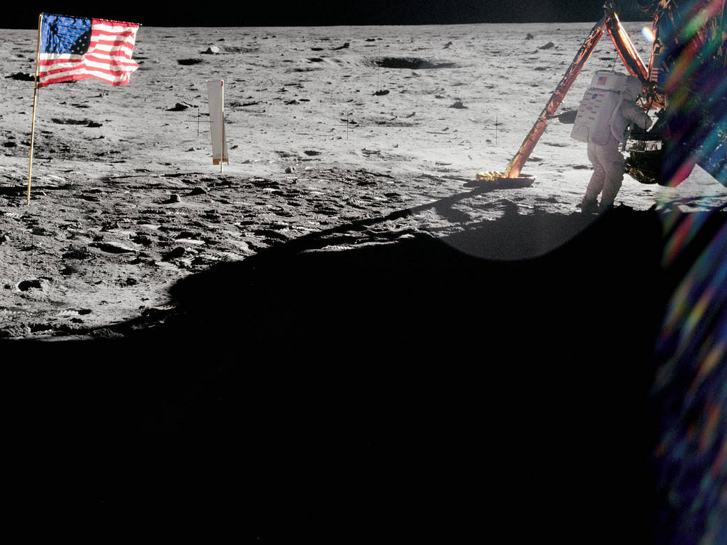 A photo by Buzz Aldrin shows Neil Armstrong during the first moon landing