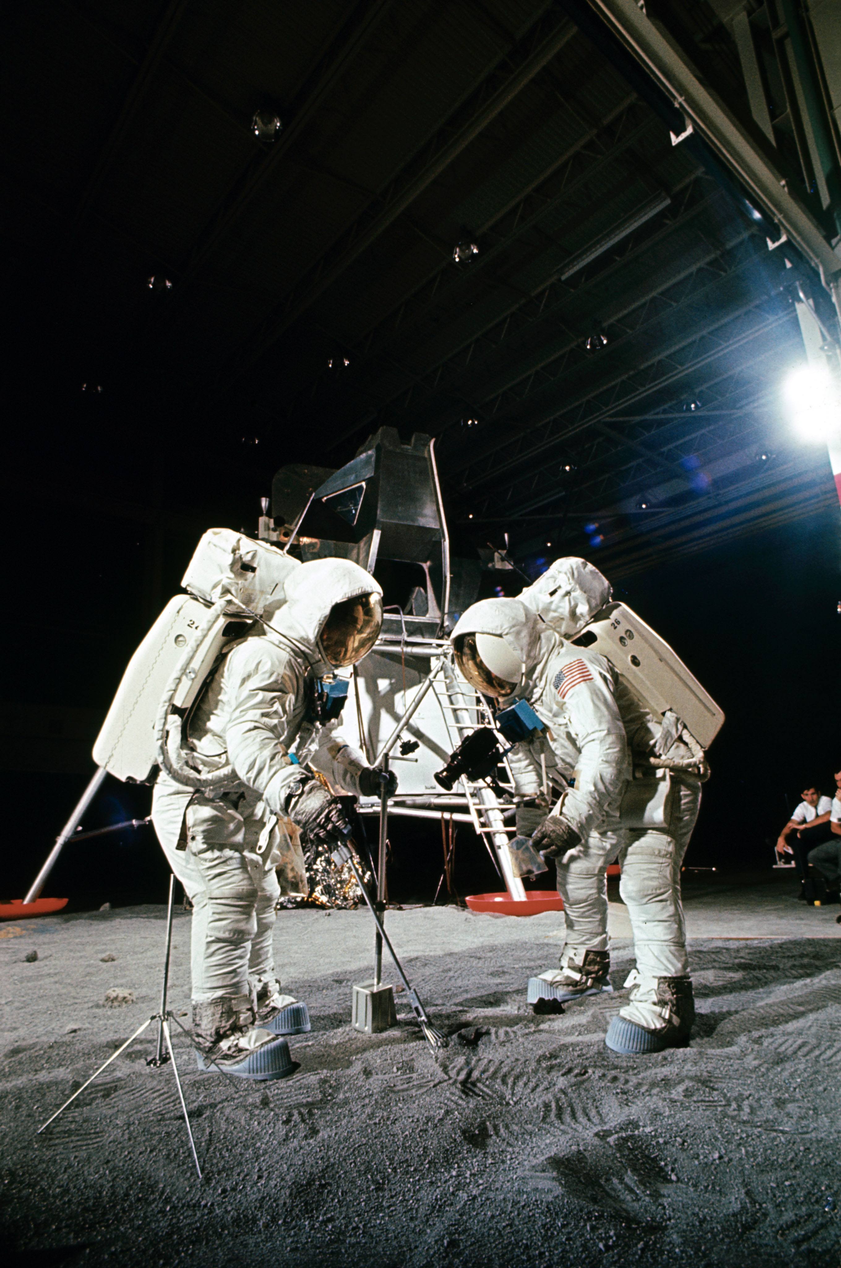 Apollo 11 crew members practice using lunar tools