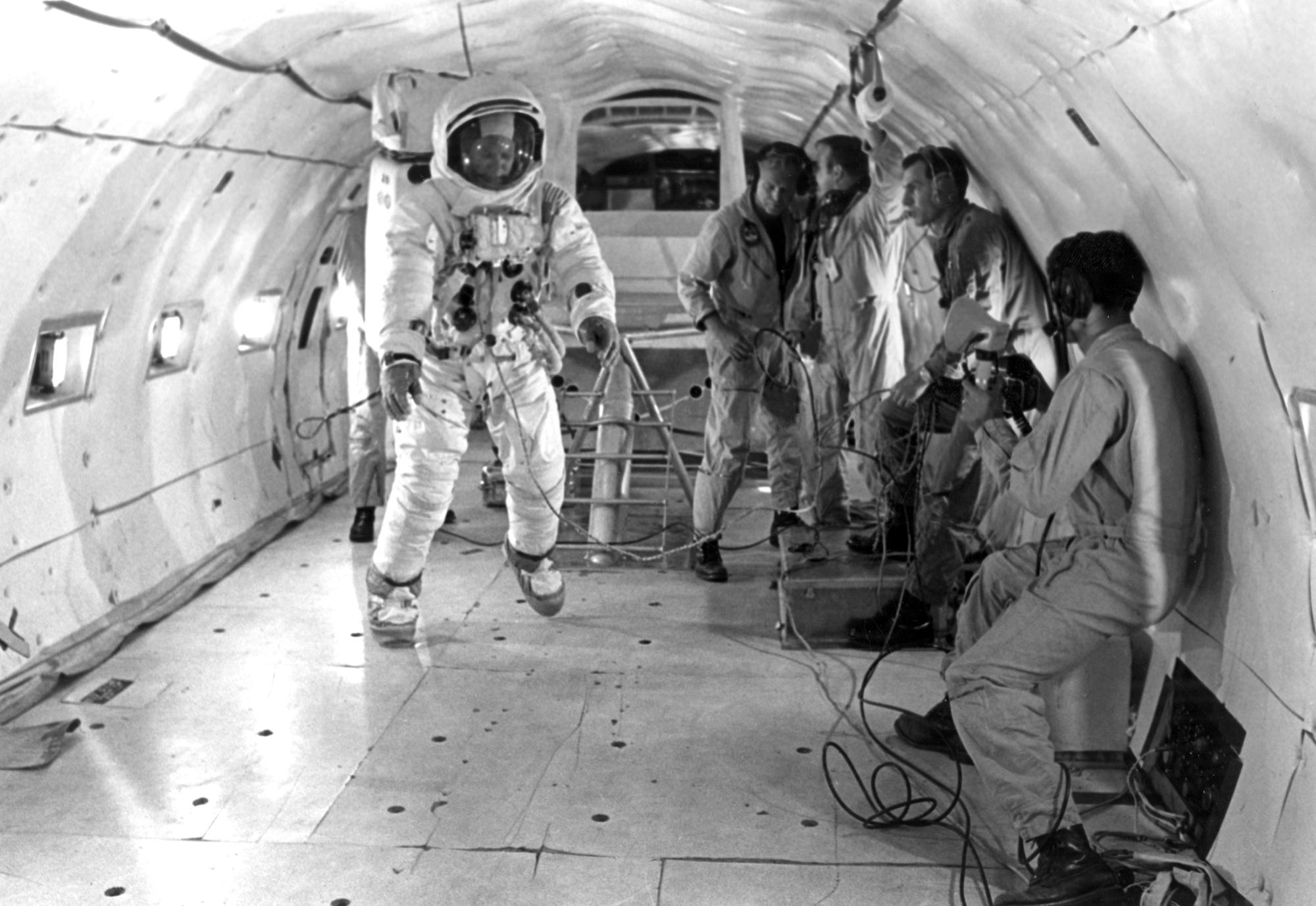 Buzz Aldrin trains under weightless conditions for the first moon landing