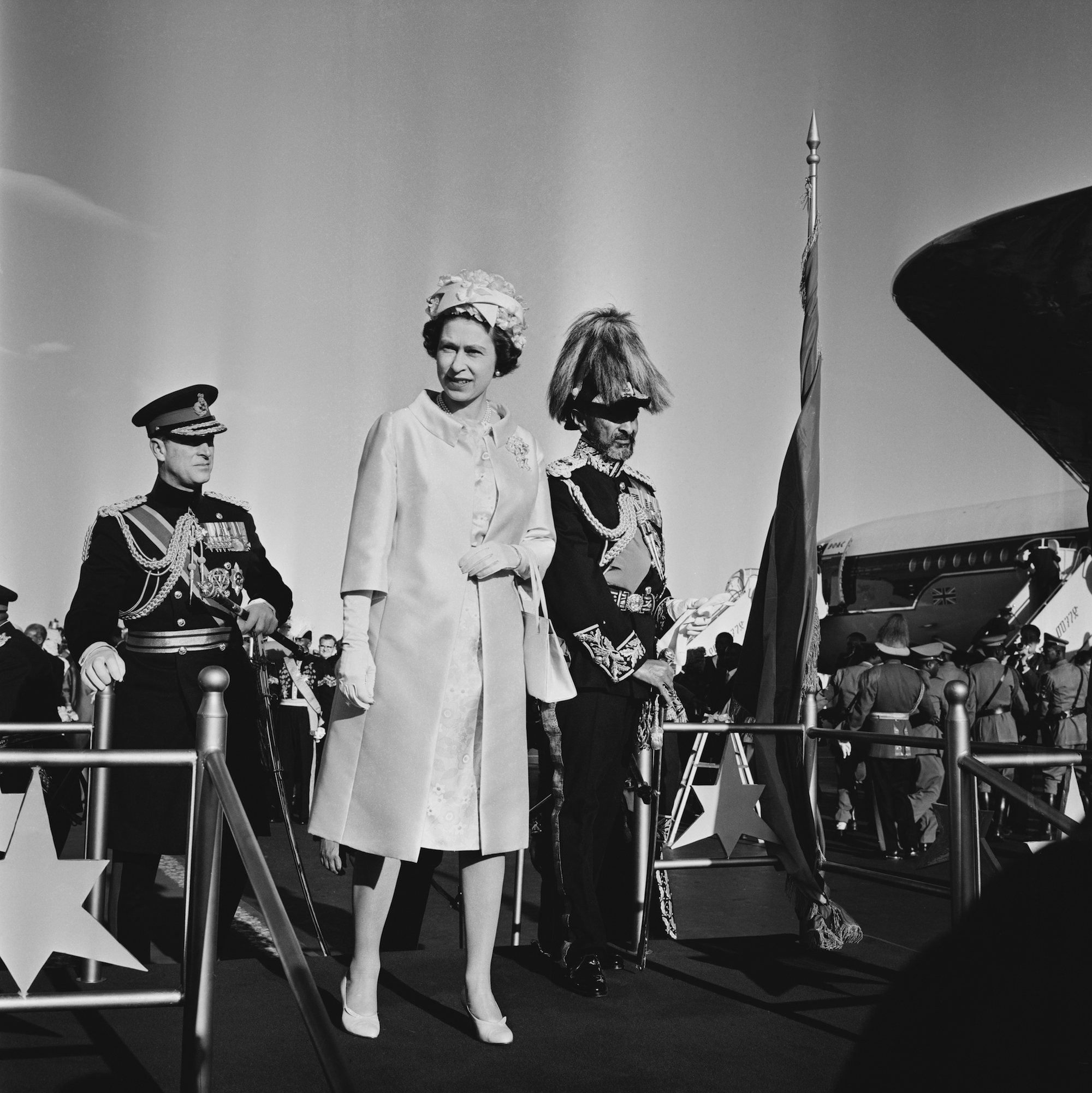 Haile Selassie greets Queen Elizabeth II and Prince Philip as they arrive in Ethiopia