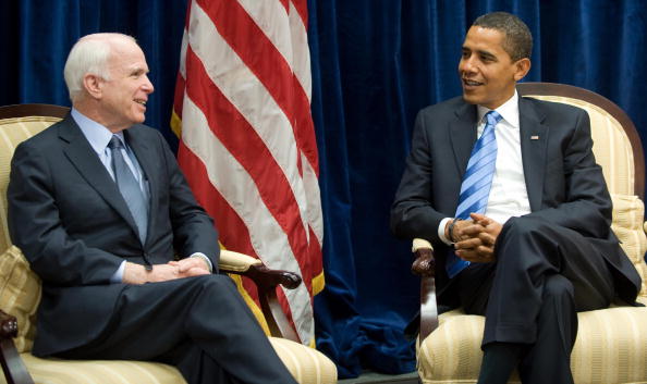 Barack Obama meets with former Republican presidential candidate Arizona Senator John McCain at Obama's transition offices in Chicago on November 17, 2008