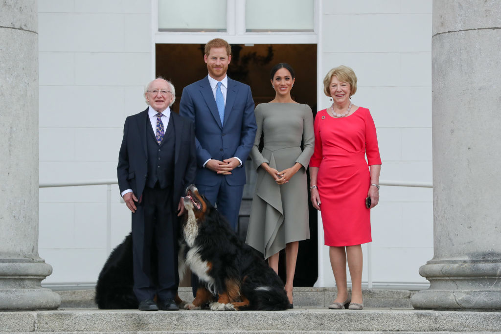 Britain's Prince Harry (2L) and wife Meghan (2R), Duke and Duchess of Sussex pose with Ireland's President Michael Higgins (L) and wife Sabina on arrival at the Presidential mansion on the second day of their visit in Dublin on July 11, 2018
