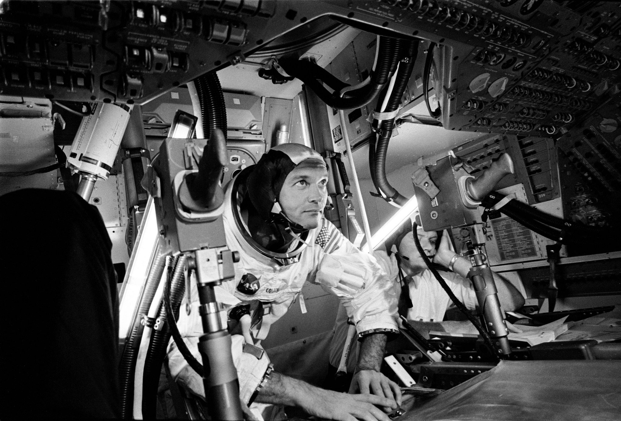 Michael Collins practices in a simulator prior to Apollo 11 launch