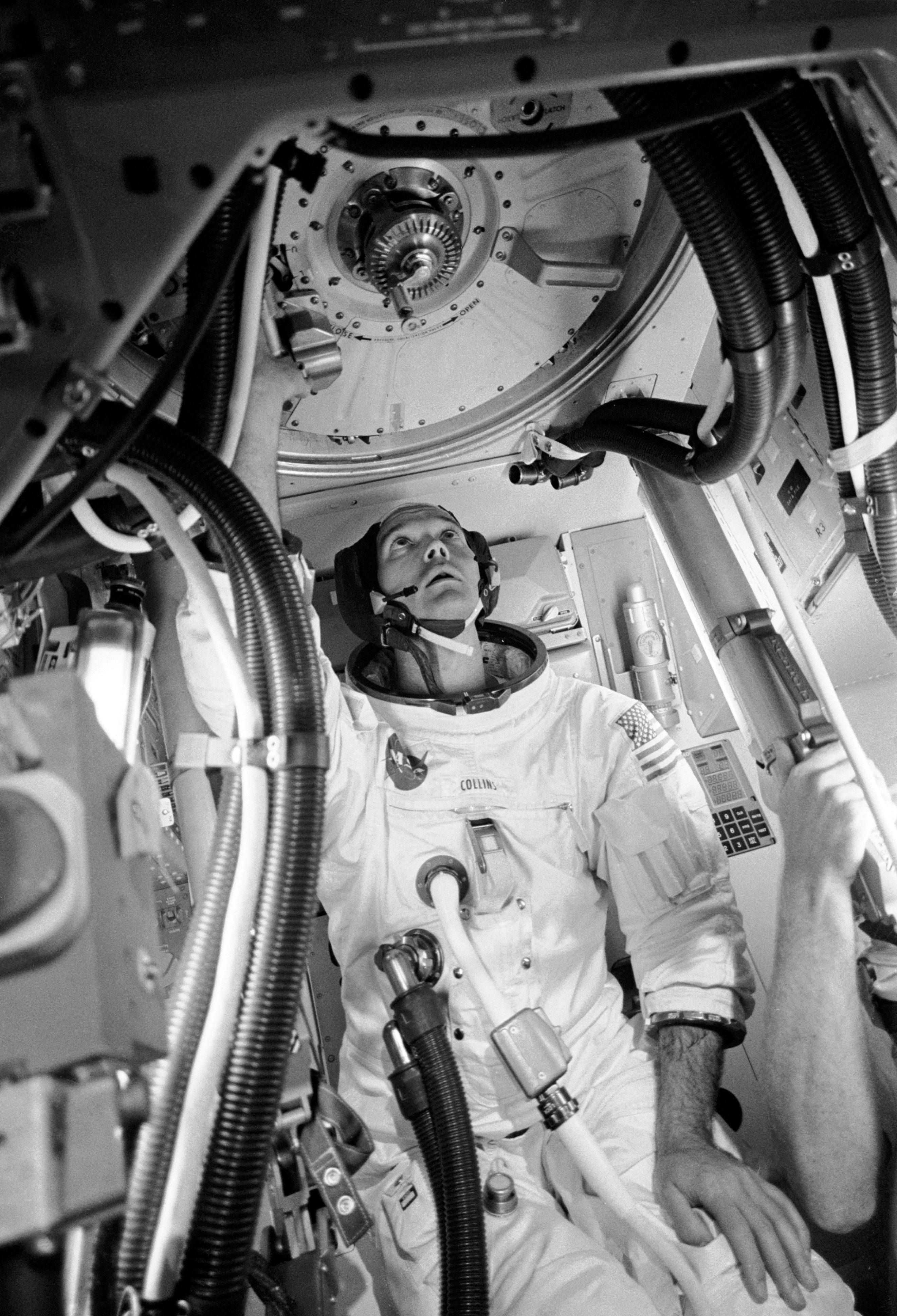 Michael Collins practices procedures with the Apollo docking mechanism