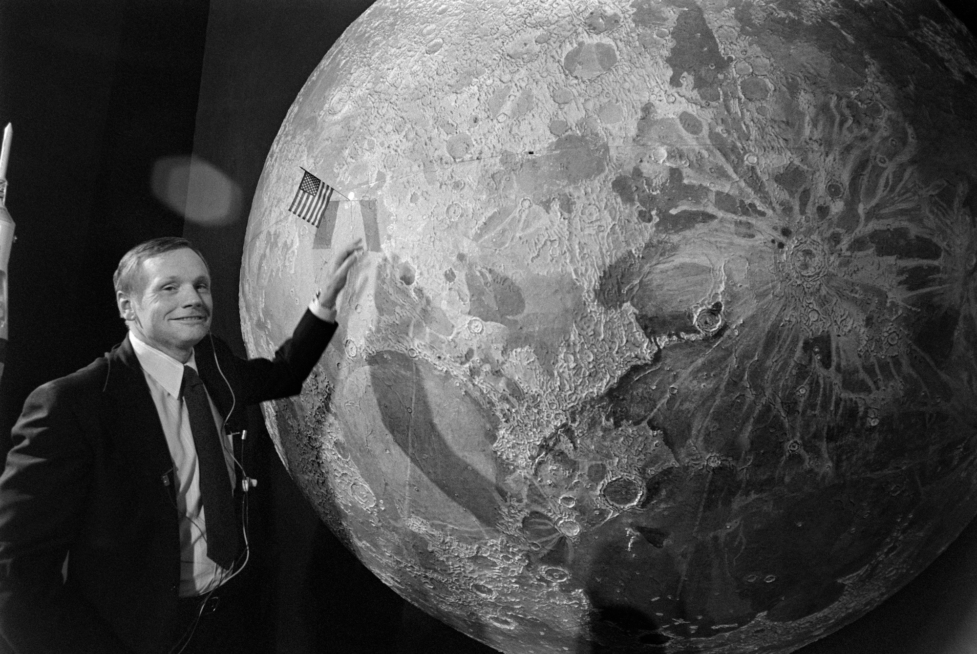 Neil Armstrong poses during a talk show years after the first moon landing