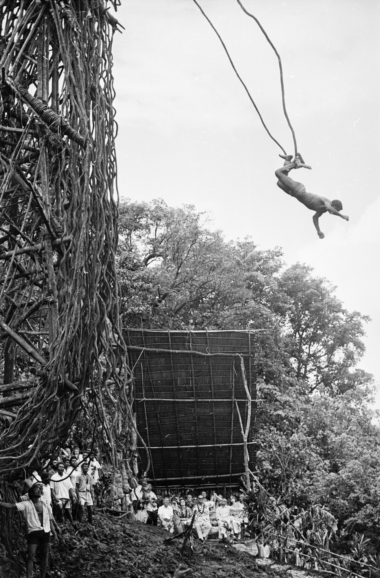 People watch John Tabi land dive during a visit by Queen Elizabeth and Prince Philip to Pentecost Island, Vanuatu