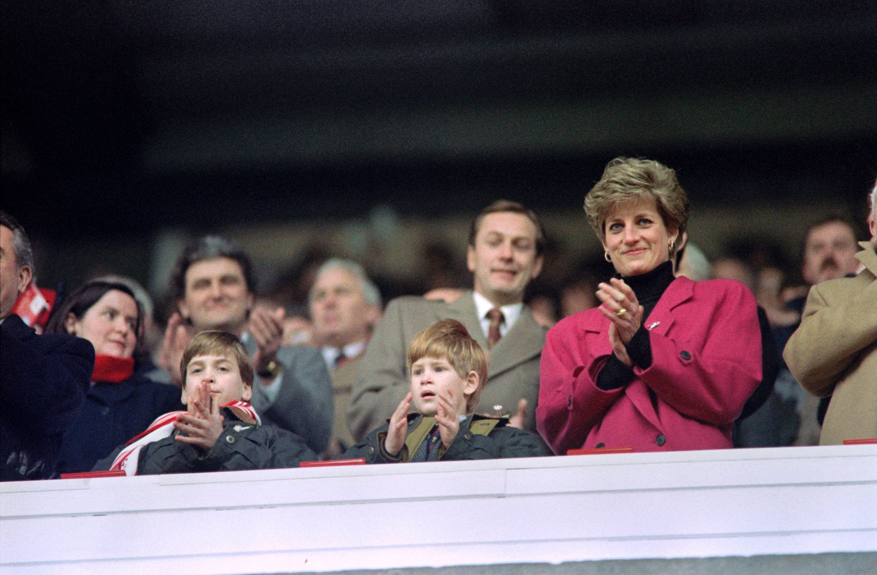 Prince William, Prince Harry, and Princess Diana attend a rugby match