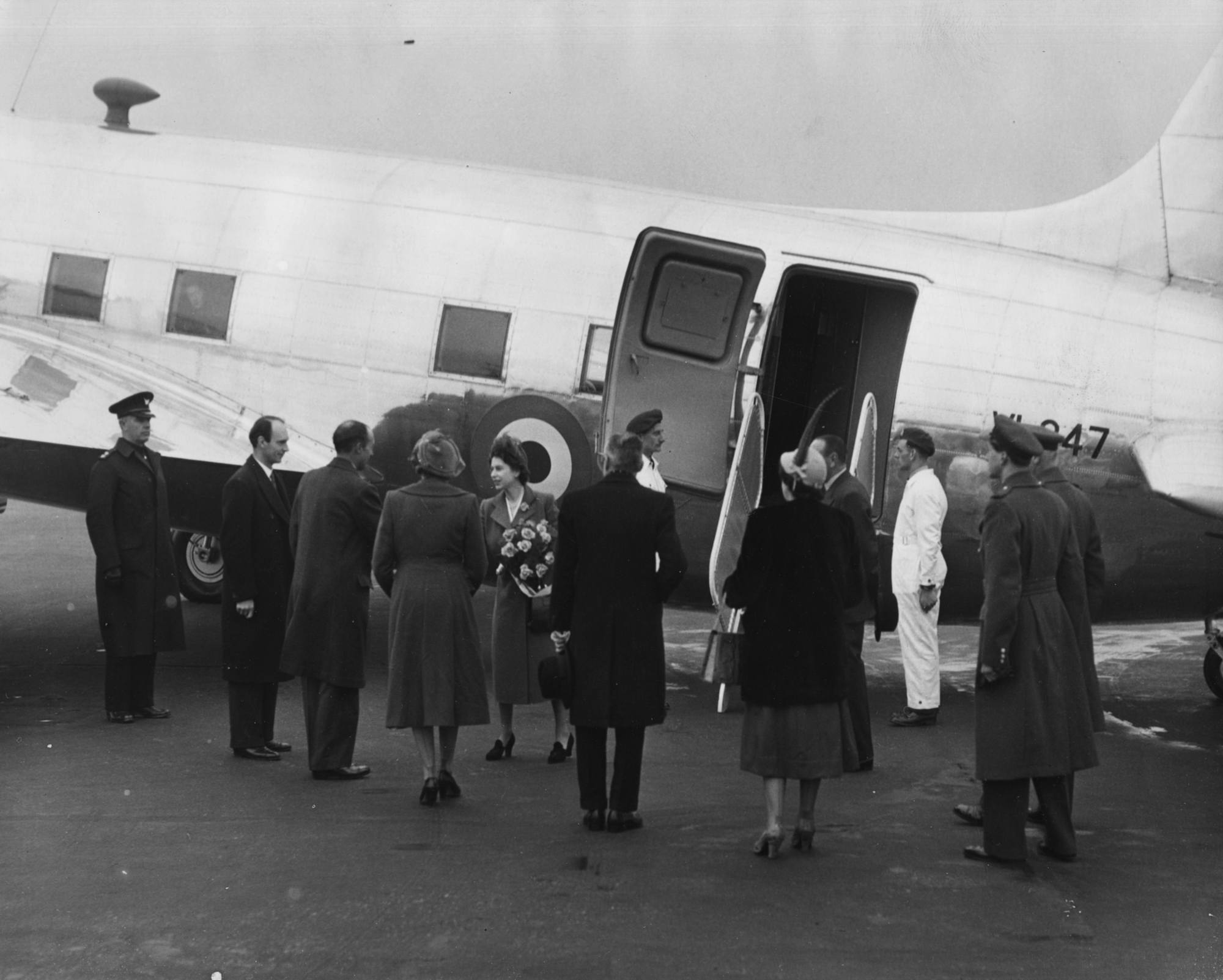 Princess Elizabeth boards the King's Flight for Malta to join Prince Philip