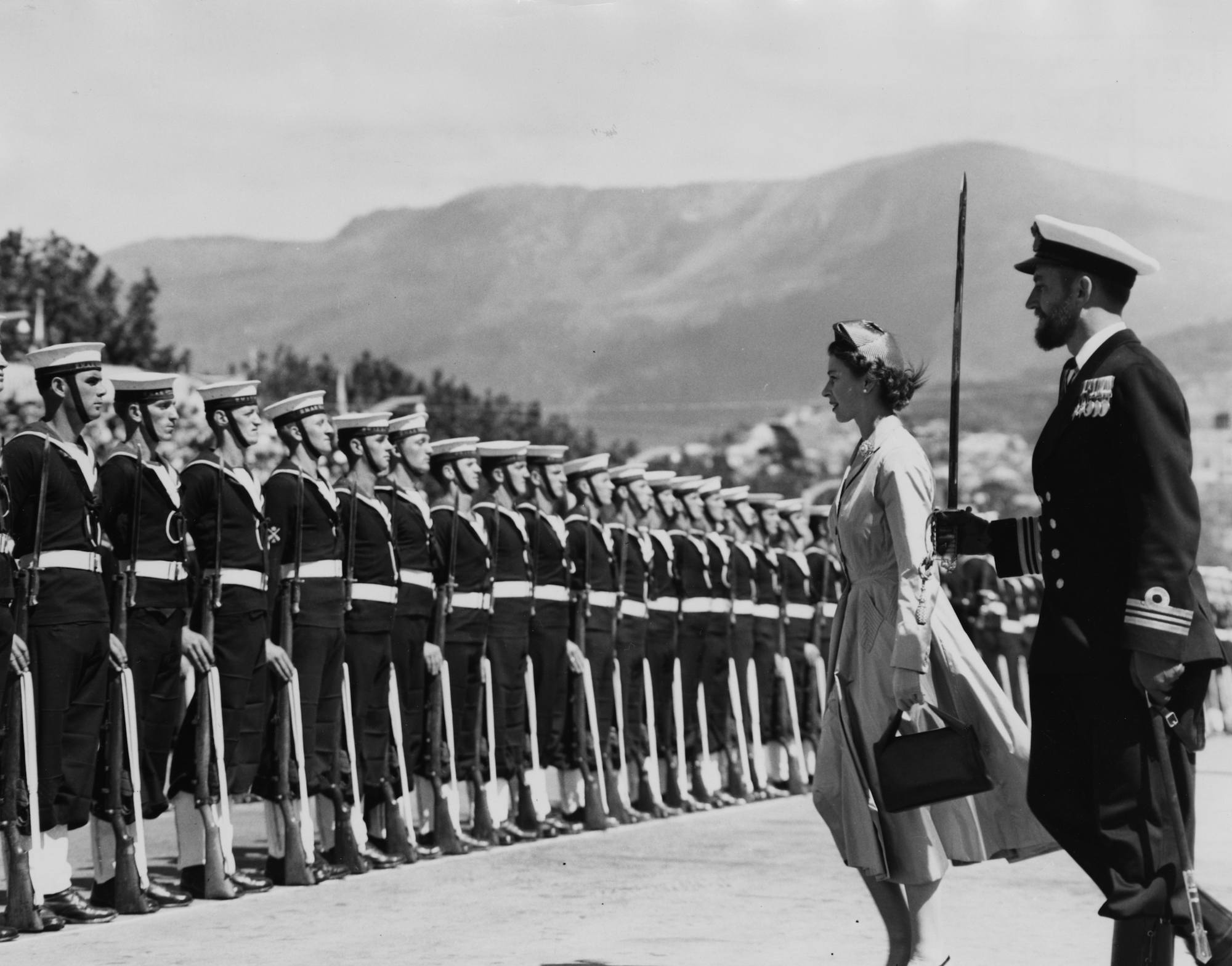 Queen Elizabeth II and the Guard Commander inspect a Guard of Honor at Prince's Wharf, Hobart