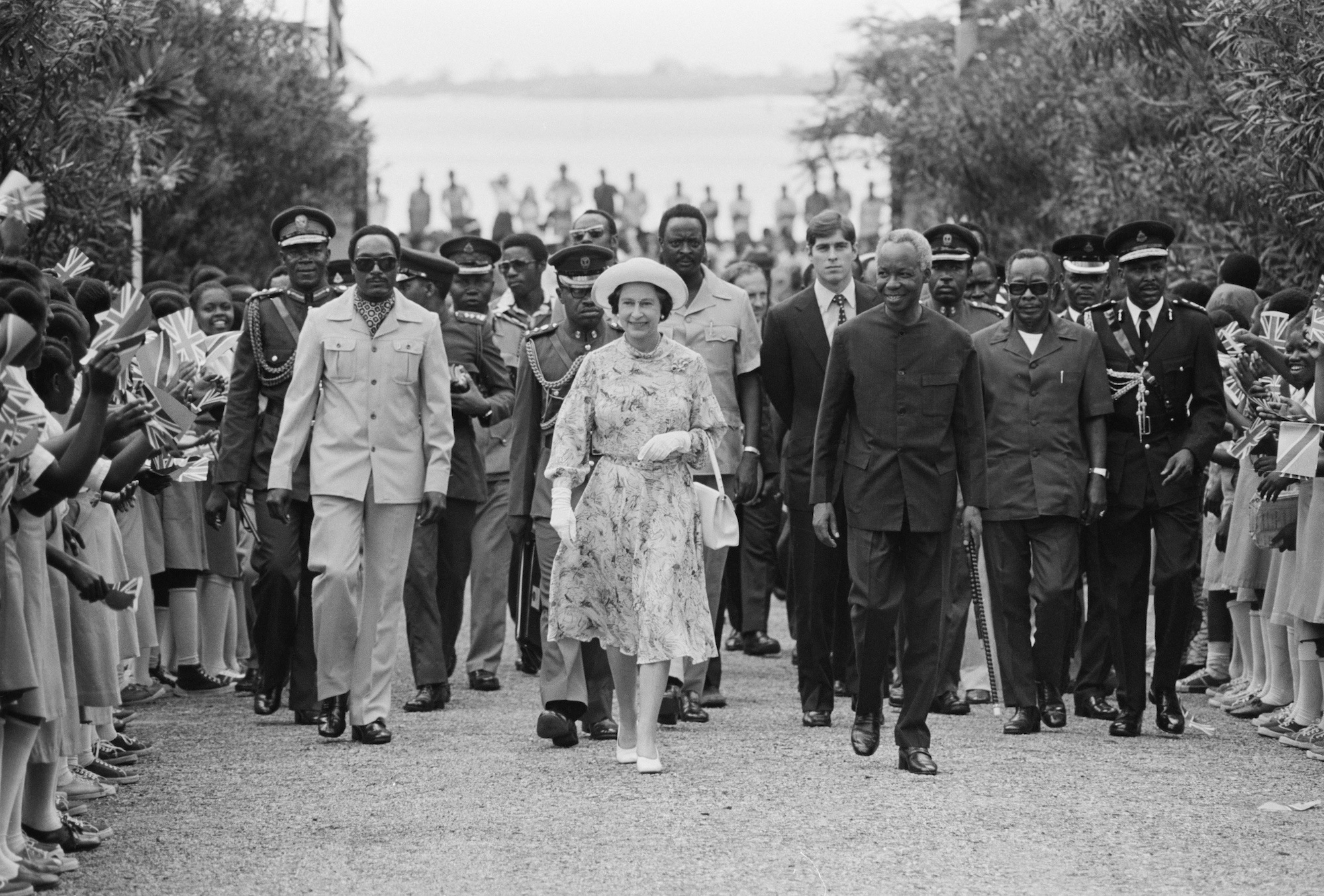 Queen Elizabeth II is met by President Julius Nyerere at Dar es Salaam airport in Tanzania