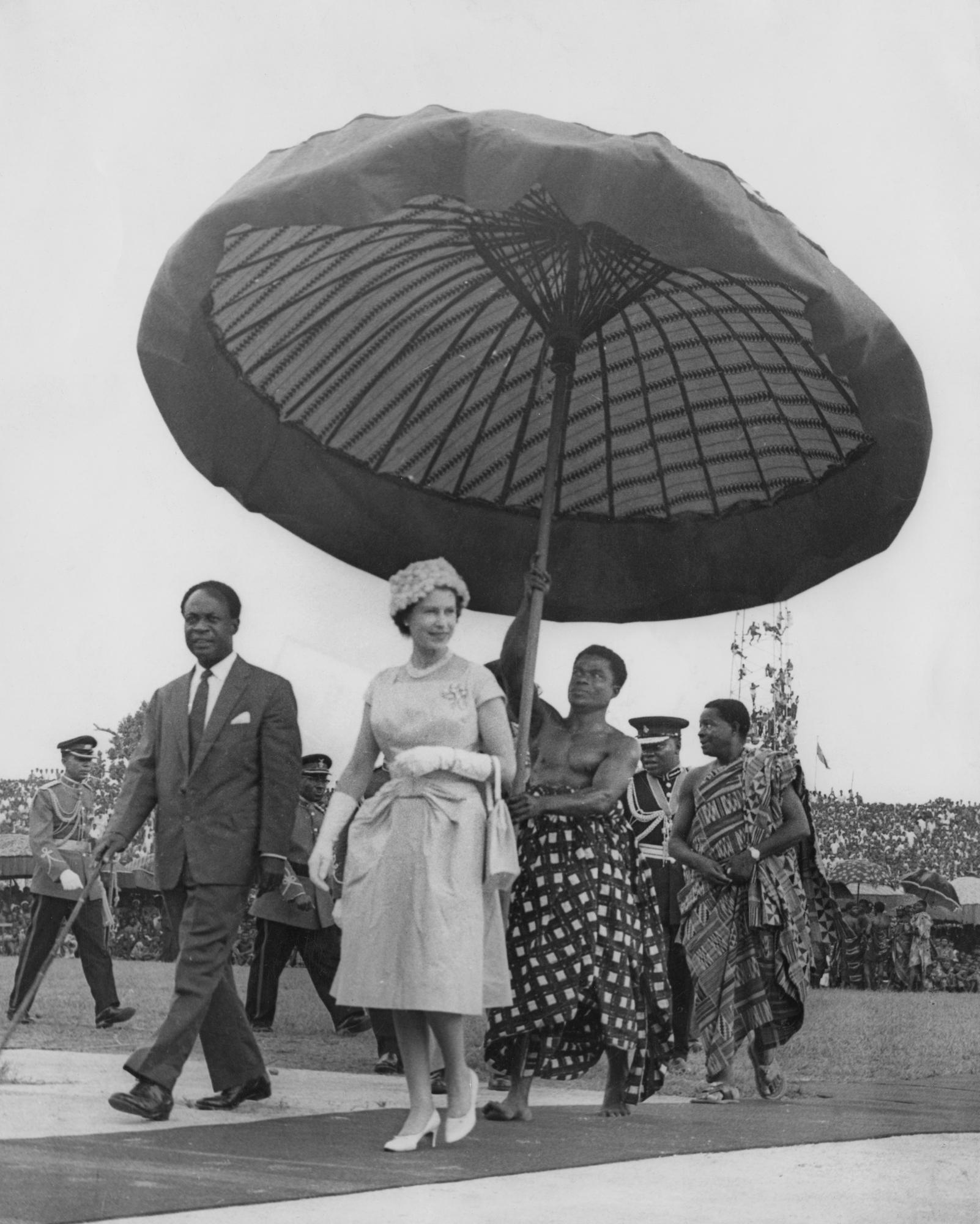 Queen Elizabeth II on her way to the Kumasi Durbah with Kwame Nkrumah, President of Ghana