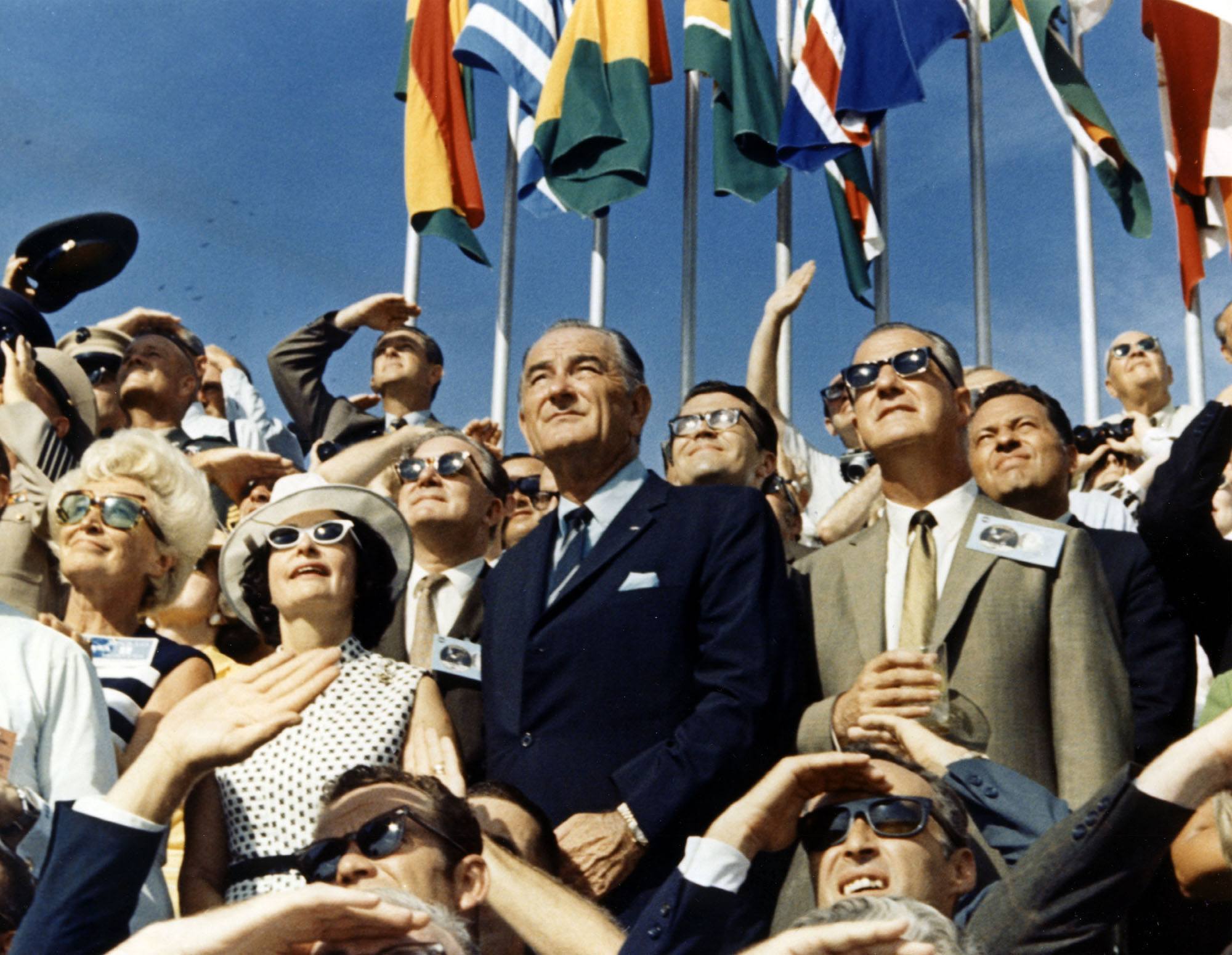 Vice President Spiro Agnew And Former President Lyndon Johnson watch the Apollo 11 launch