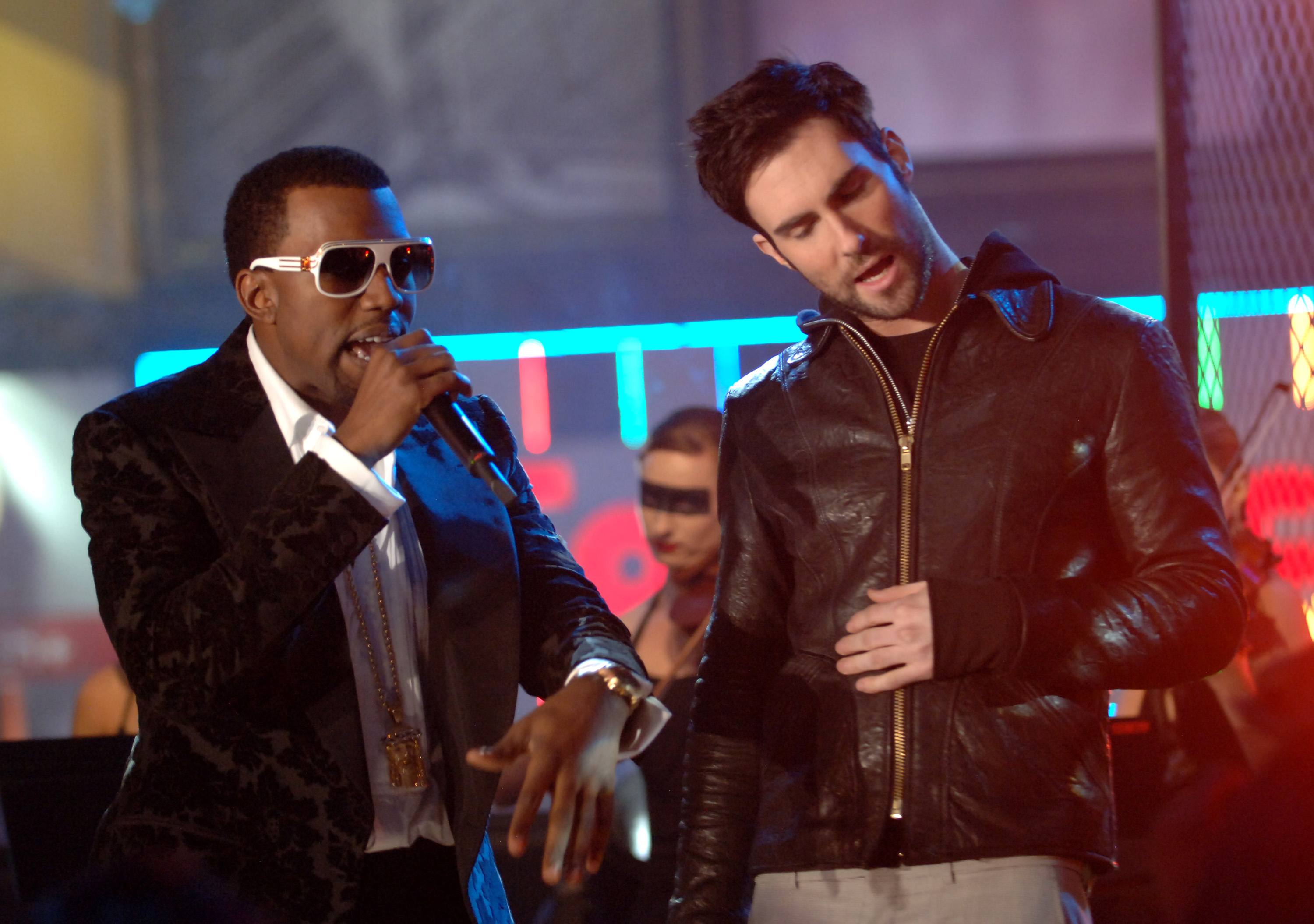 Kanye West (L) and Adam Levine perform Kanye West (L) and Adam Levine perform
