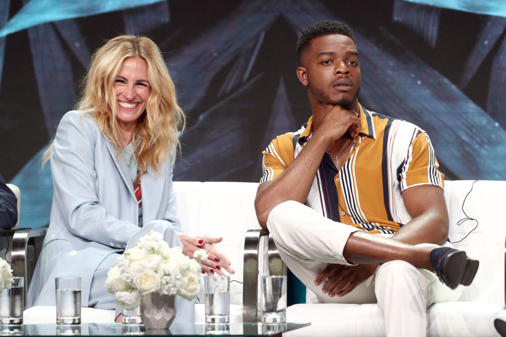 Julia Roberts (L) and Stephan James of 'Homecoming' speak onstage during the Amazon Studios portion of the Summer 2018 TCA Press Tour at The Beverly Hilton Hotel on July 28, 2018 in Beverly Hills, California