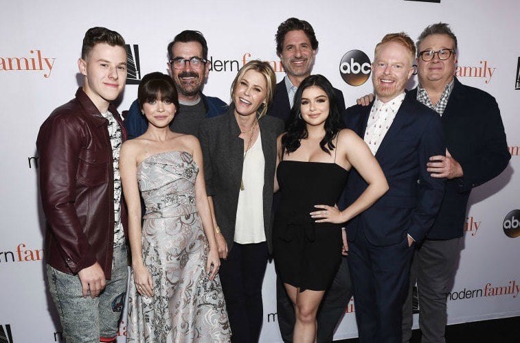 Modern Family actors Nolan Gould, Sarah Hyland, Ty Burrell and Julie Bowen, executive producer Steven Levitan and actors Ariel Winter, Jesse Tyler Ferguson and Eric Stonestreet