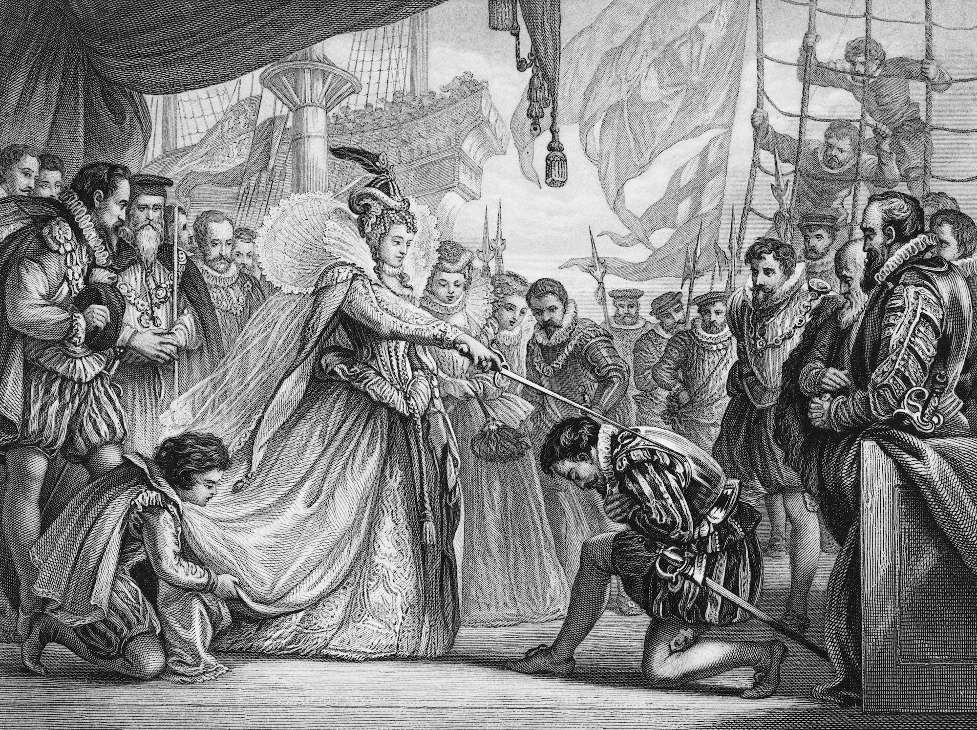 Queen Elizabeth I of England (1533 - 1603) knights explorer Sir Francis Drake