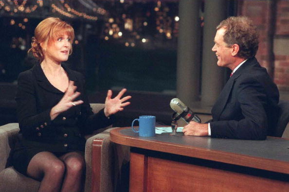 Sarah Ferguson, the Dutchess of York, gestures while appearing with David Letterman