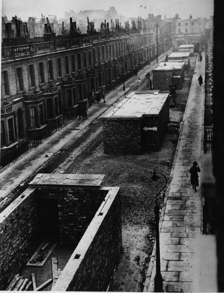 Air raid shelters in the middle of a London street