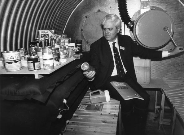 The interior of a domestic nuclear shelter with an intake air pump and a supply of food which would last a single adult two weeks. The interior of a domestic nuclear shelter with an intake air pump and a supply of food which would last a single adult two weeks.