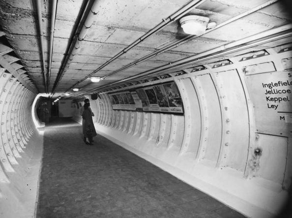 One of the main tunnels at Clapham Deep Shelter used to accommodate visitors to the Festival of Britain. The shelter can take 4000 people, is served by limited lift facilities, with electric light and ventilation