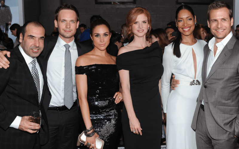 Rick Hoffman, Patrick J. Adams, Meghan Markle, Sarah Rafferty, Gina Torres and Gabriel Macht of Suits