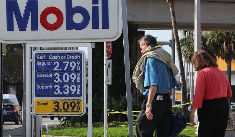 MIAMI, FL - APRIL 09: A sign displaying the price of gasoline per gallon is seen at a Mobil gas station as reports indicate that the price of gas continues to rise on April 9, 2018 in Miami, Florida. AAA forecasts the national gas price average will be as much as $2.70/gallon this spring and summer.