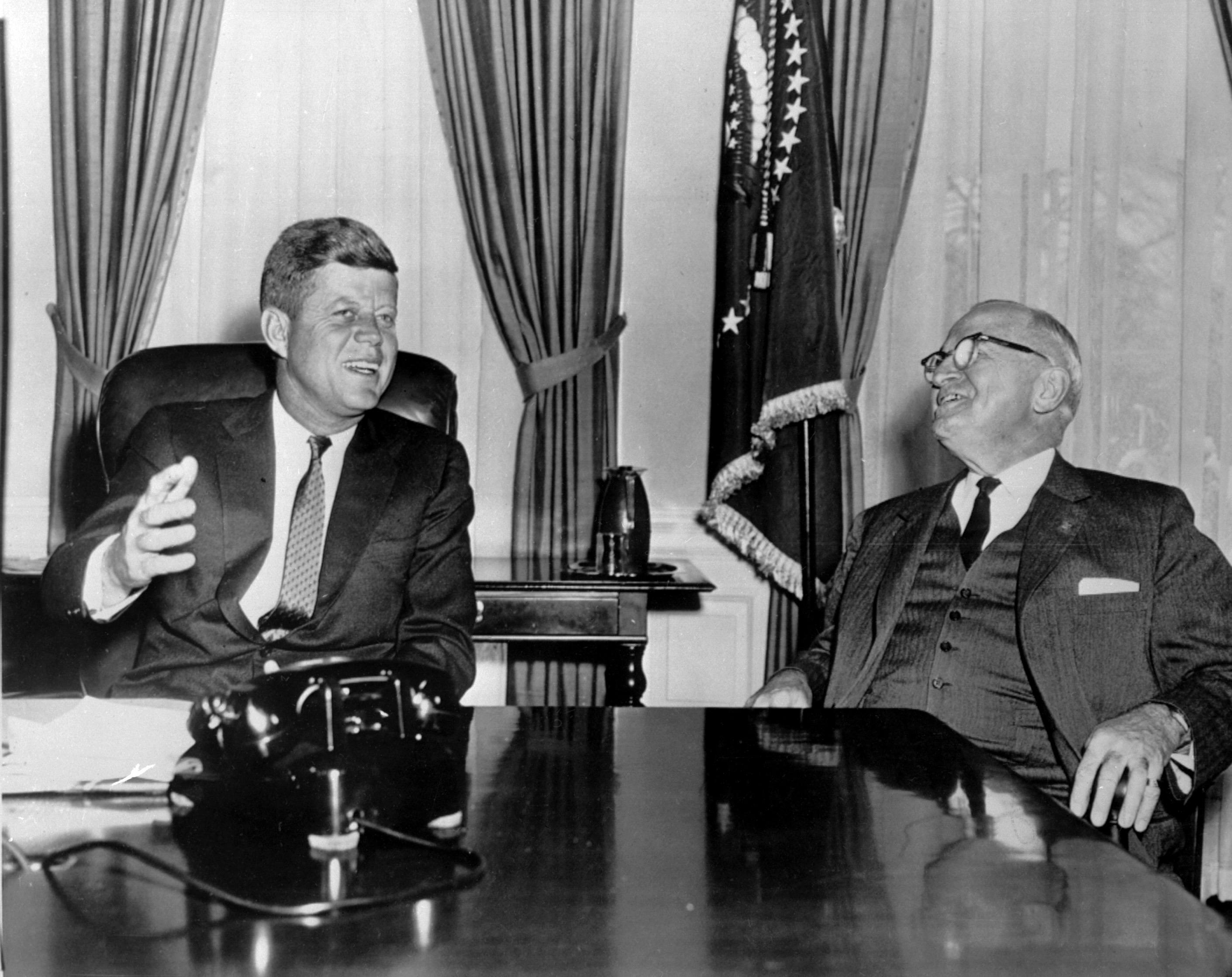 WASHINGTON, : US President John Fitzgerald Kennedy (L) meets in January 1961 at the White-House, Washington, D.C. with former (April 1945) US President Harry S. Truman (1884-1972)