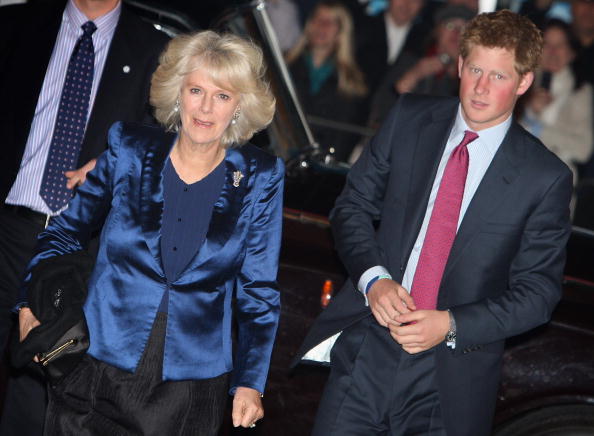 Camilla, Duchess of Cornwall and Prince Harry arrive at a Gala Performance of 'We Are Most Amused' at the Wimbledon Theatre on November 12, 2008 in London, England
