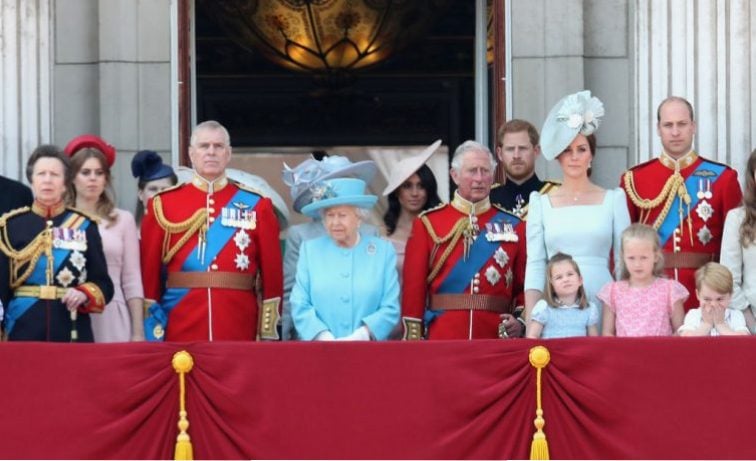 Princess Anne, Princess Beatrice, Lady Louise Windsor, Prince Andrew, Queen Elizabeth II, Duchess of Sussex, Prince Charles, Duke of Sussex, Duchess of Cambridge, Duke of Cambridge, Princess Charlotte, Savannah Phillips, Prince George, and Isla Phillips