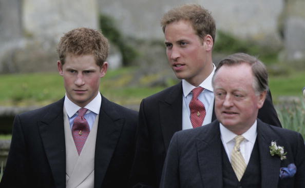 Andrew Parker Bowles, Princes Harry and William depart after the wedding of Laura Parker Bowles