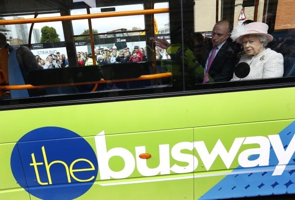 Queen Elizabeth II travels on a Cambridgeshire Guided Bus on route