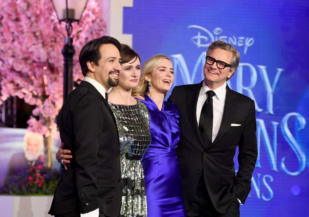 Mary Poppins Returns cast (L-R) Lin-Manuel Miranda, Emily Mortimer, Emily Blunt and Colin Firth attend the European Premiere of "Mary Poppins Returns" at Royal Albert Hall on December 12, 2018 in London, England.