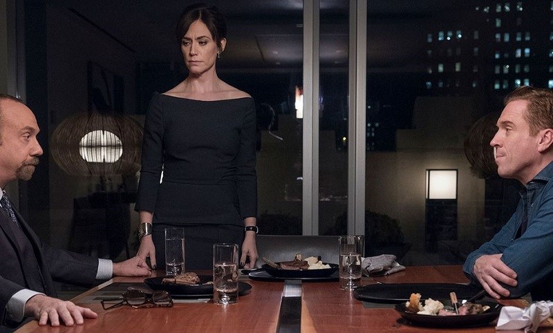 Paul Giamatti, Maggie Siff, and Damian Lewis act during a scene from 'Billions' Season 3