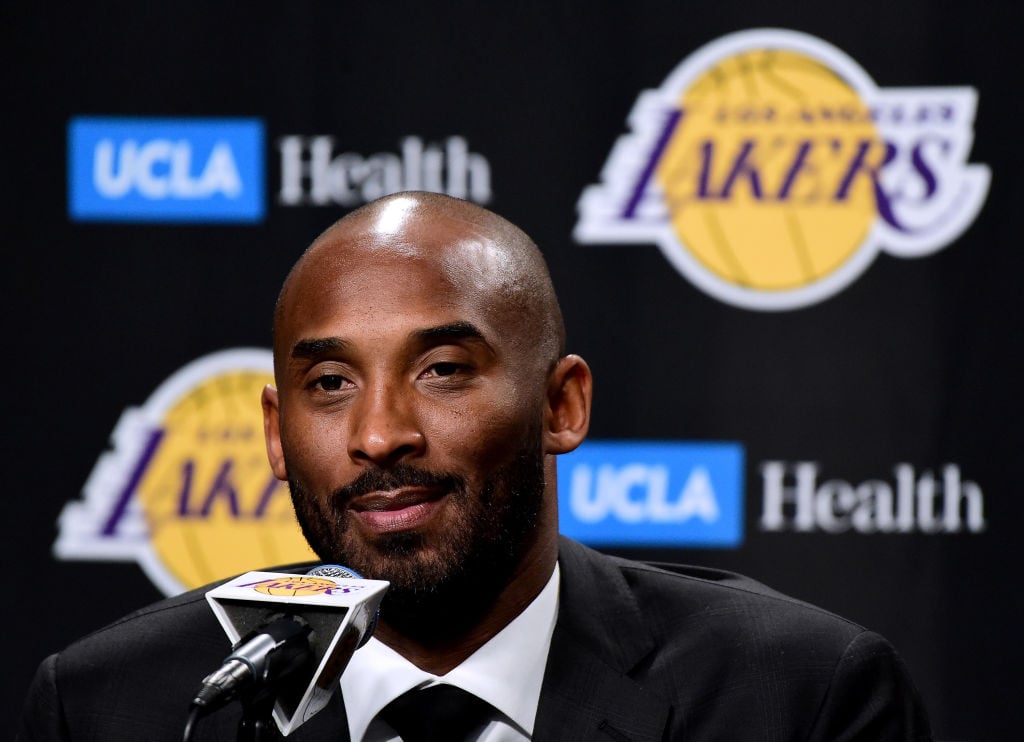 Kobe Bryant speaks to the media at a press conference before his #8 and #24 jerseys are retired by the Los Angeles Lakers at Staples Center on December 18, 2017 in Los Angeles, California.