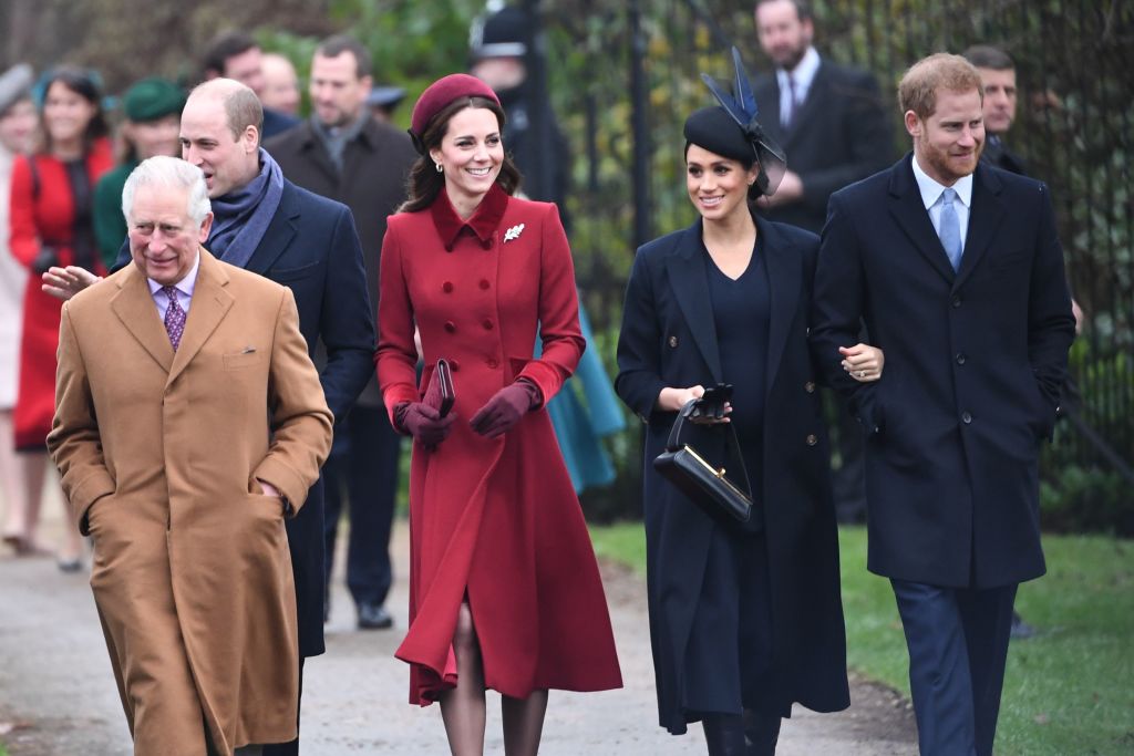 Prince Charles walks with Kate Middleton, Meghan Markle, Prince William, and Prince Harry on Christmas Day 2018.
