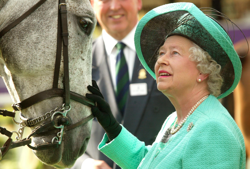 Queen Elizabeth greets a horse