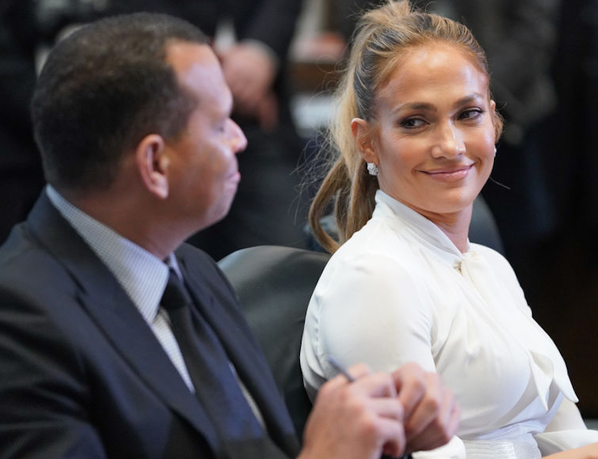 Jennifer Lopez smiling at Alex Rodriguez