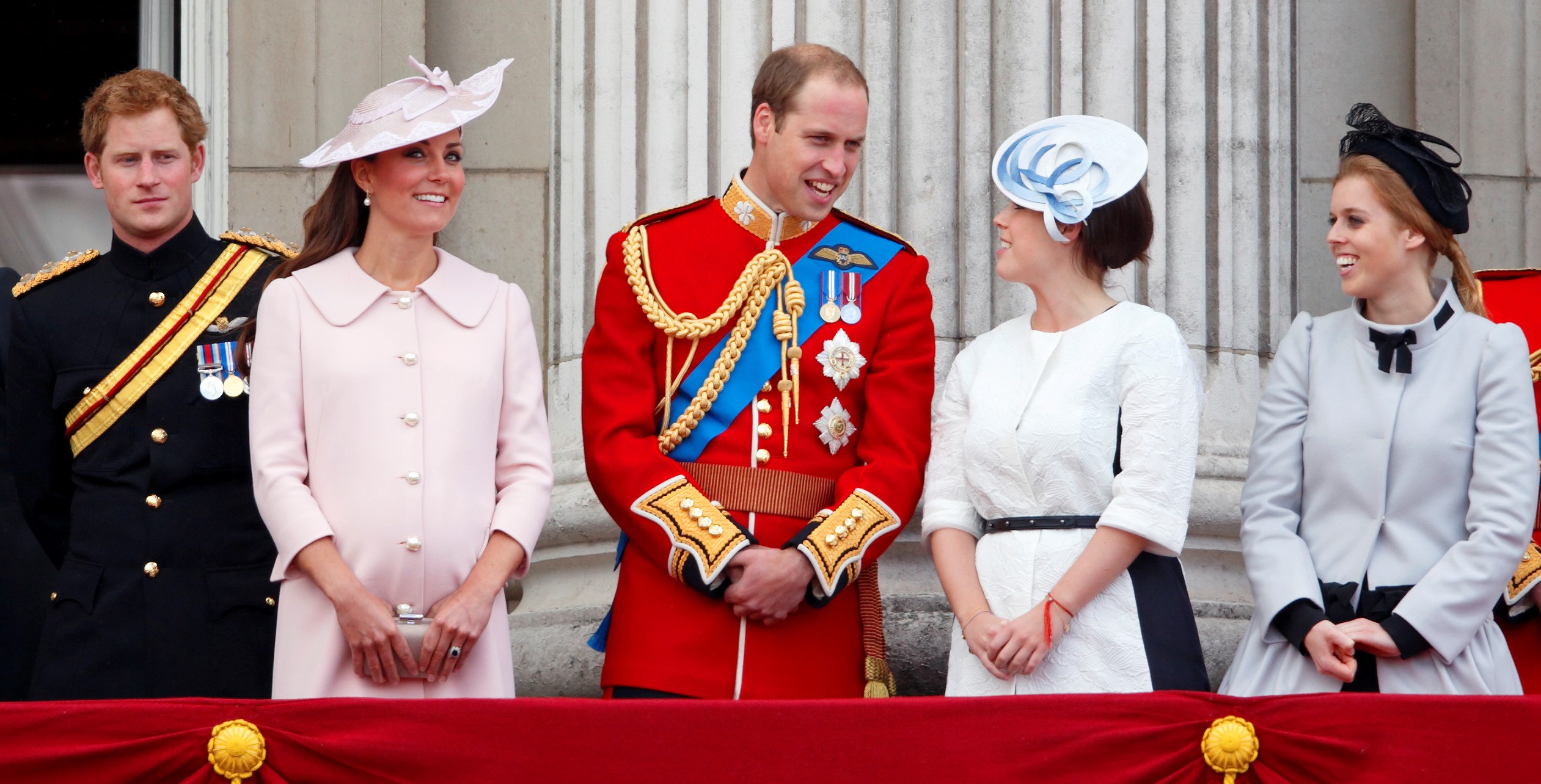 From L to R: Prince Harry, Kate Middleton, Prince William, Princess Eugenie, and Princess Beatrice