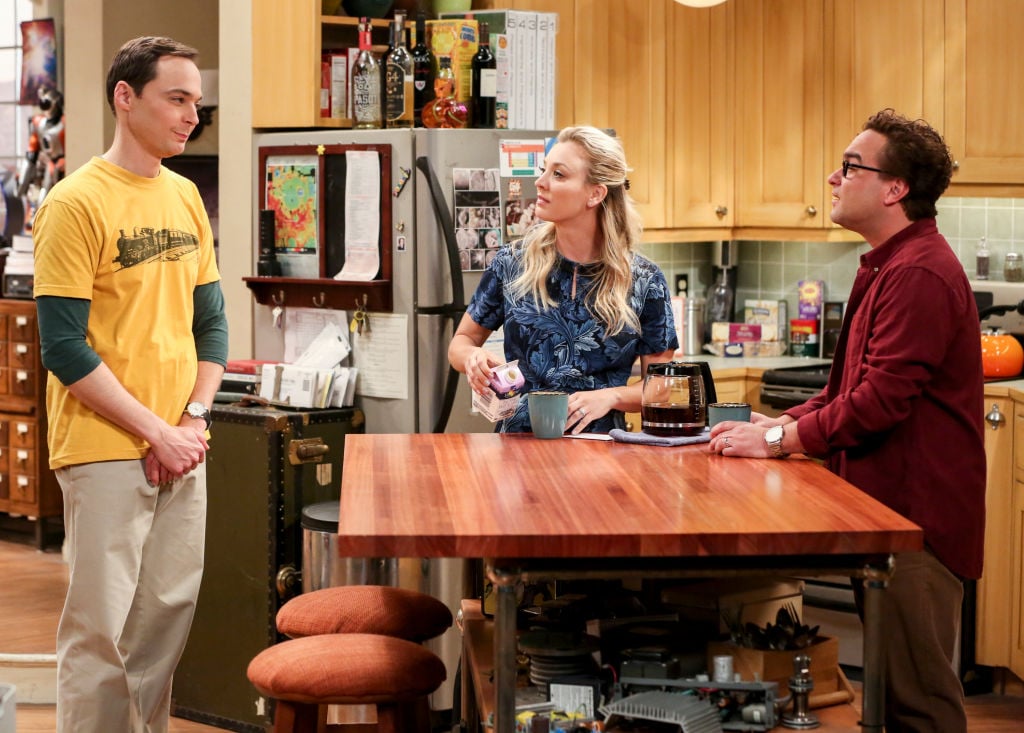 On the set of The Big Bang Theory, Jim Parsons, Kaley Cuoco, and Johnny Galecki