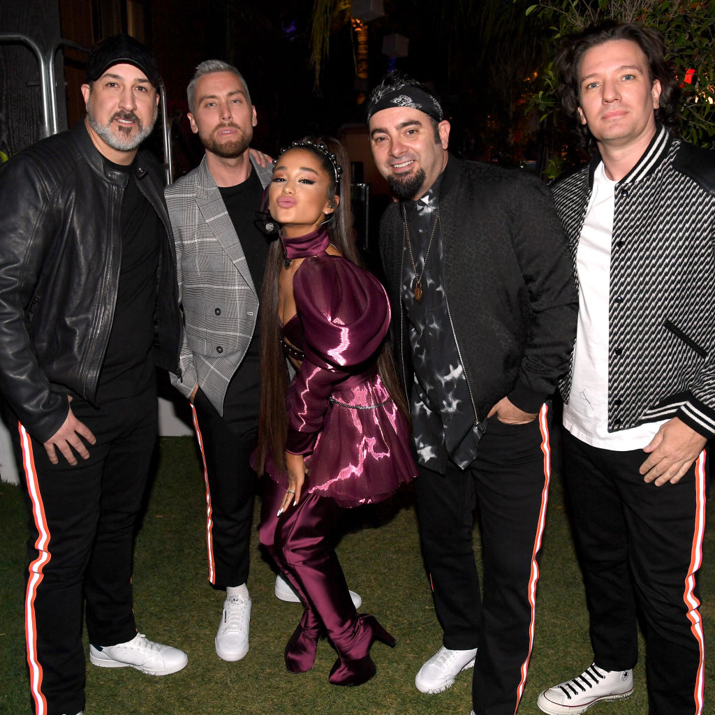 Ariana Grande (C) with members of NSYNC Joey Fatone, Lance Bass, Chris Kirkpatrick, and JC Chasez 