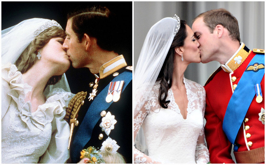 Princess Diana and Prince Charles kissing on Buckingham Palace balcony side by side comparison to Prince William and Kate Middleton kissing on same balcony.