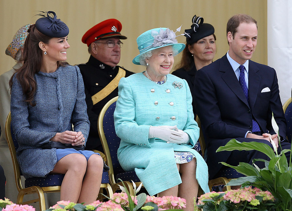 Kate Middleton, Queen Elizabeth II, and Prince William.