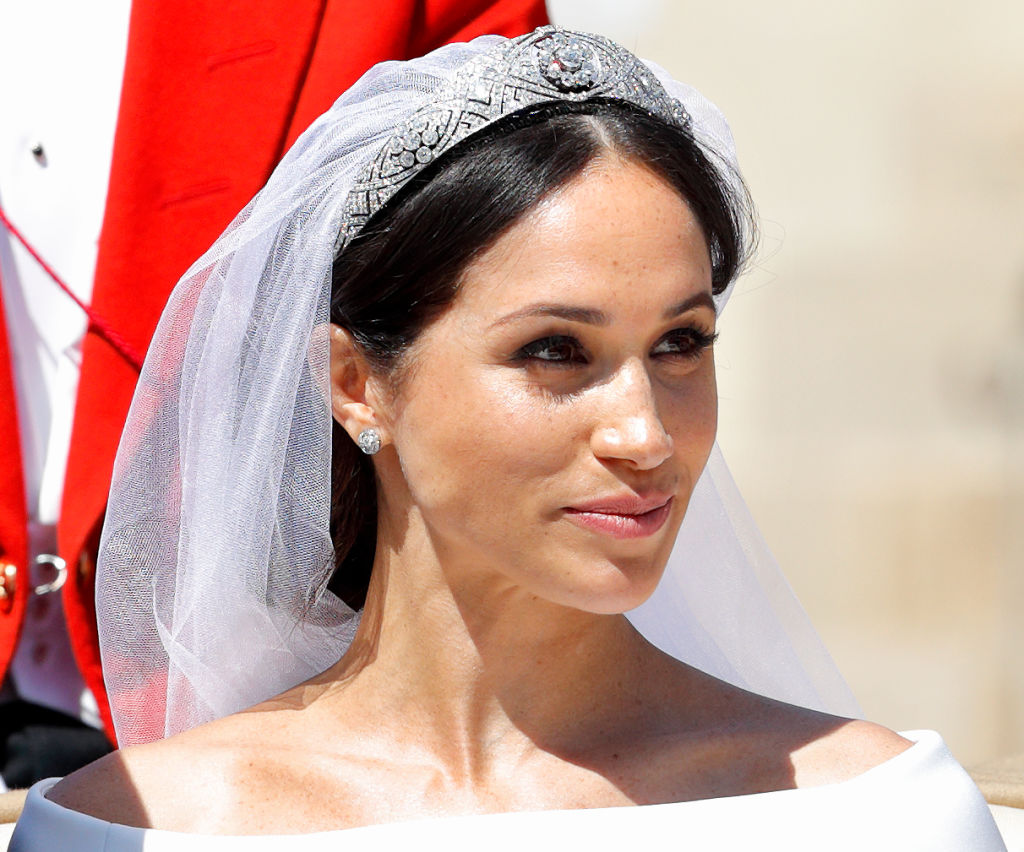 Meghan Markle on wedding day, close up of jewelry.