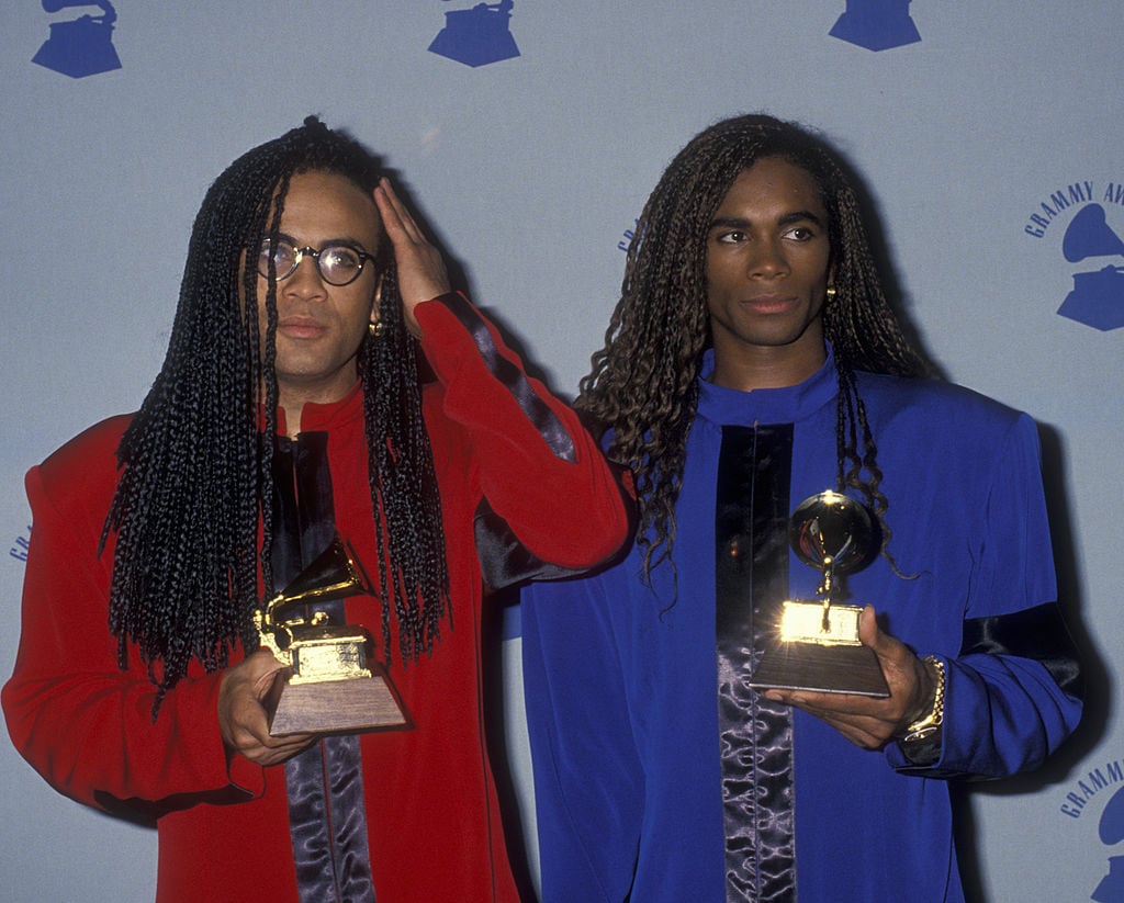 Milli Vanilli holds their awards at the 1990 Grammys