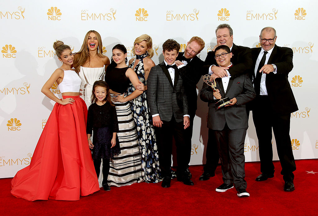Modern Family cast laughs and smiles after winning Outstanding Comedy Series at the 2014 Emmys