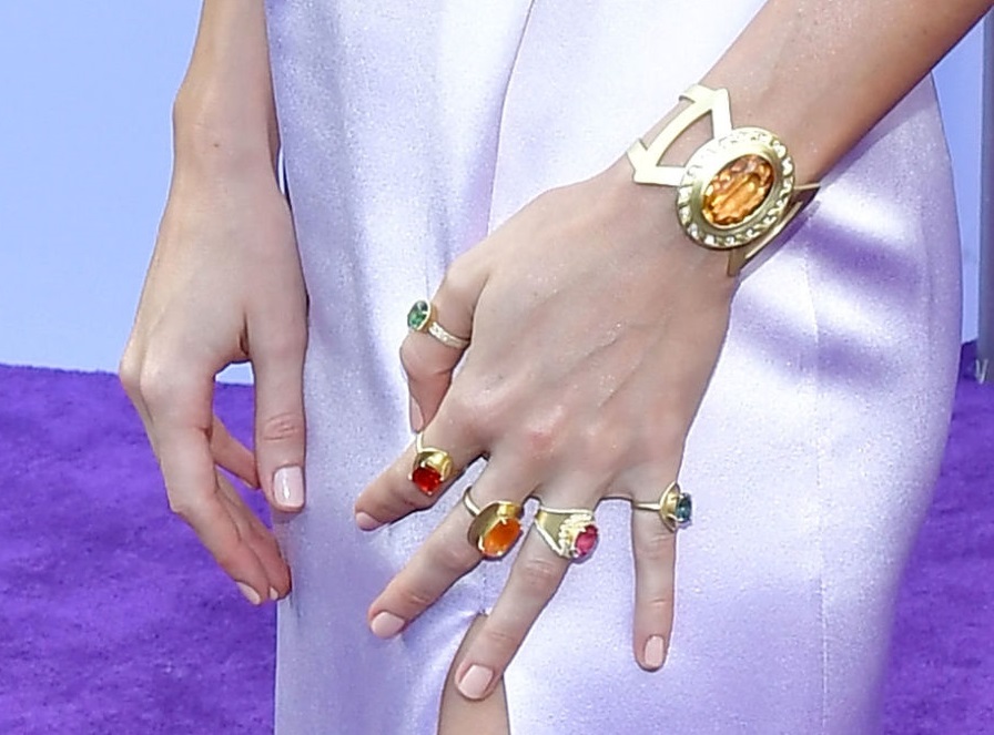  Brie Larson, jewelry detail, attends the world premiere of Avengers: Endgame at the Los Angeles Convention Center on April 22, 2019