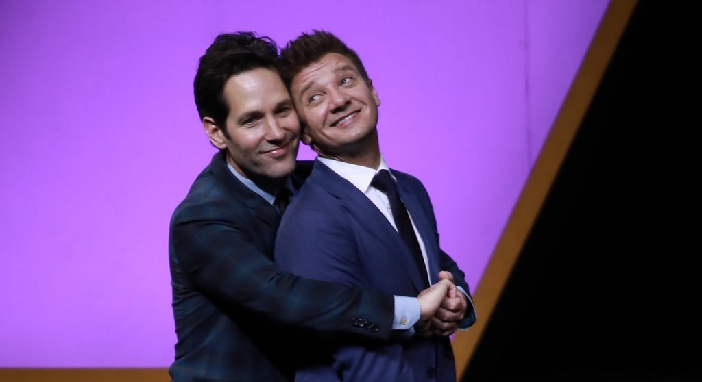 Actors Paul Rudd (L) and Jeremy Renner attend 'Avengers: Endgame' premiere at Shanghai Oriental Sports Center on April 18, 2019, in Shanghai, China.