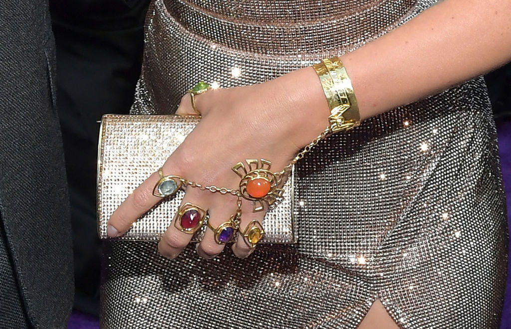 Scarlett Johansson, jewelry detail, attends the world premiere of Avengers: Endgame at the Los Angeles Convention Center on April 22, 2019