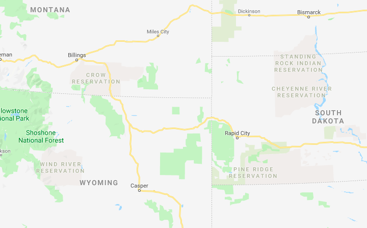 Map of parts of Montana, South Dakota, and Wyoming.