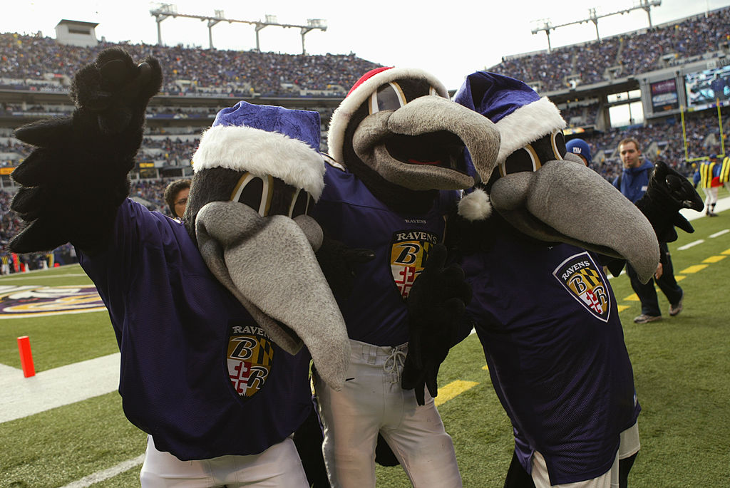 Three raven mascots of the Baltimore Ravens